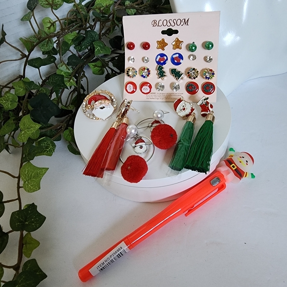 Santa Christmas Lot Brooch Pin Tassel Earrings PomPom Earrings Light up pen New